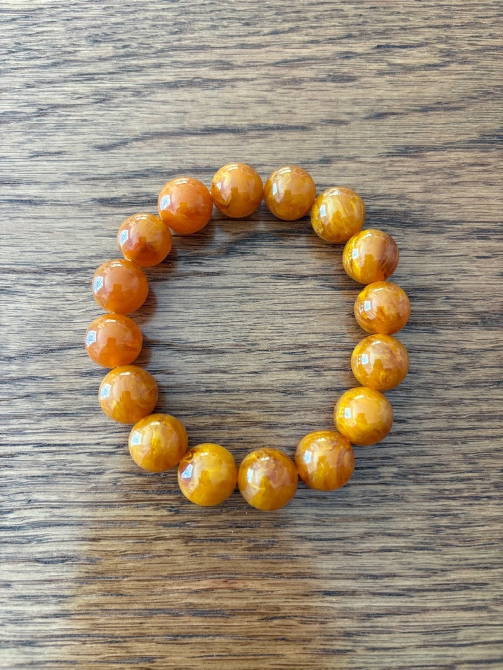 Honey Amber Gold Beaded Stretch Bracelet Chunky Marbled Resin 0.5" Beads EUC